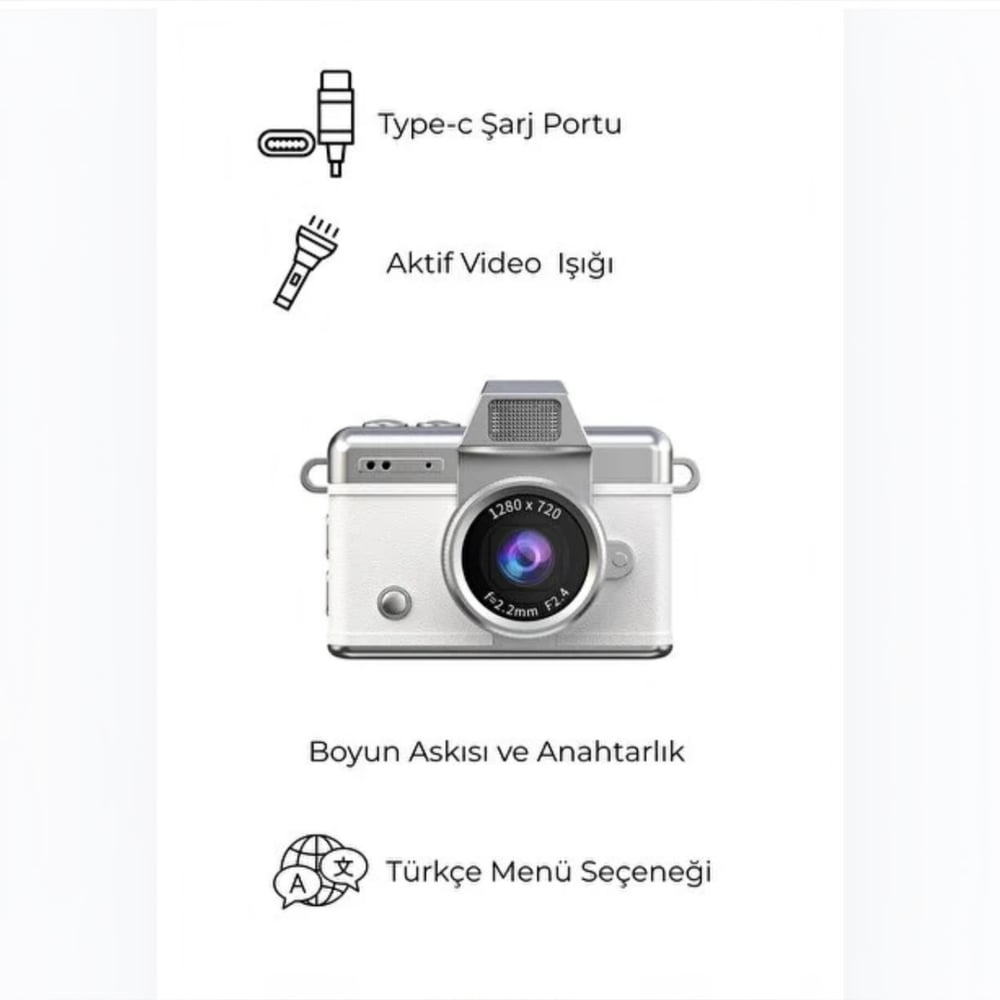 Mini Dijital Kamera (Boy 3,5 *4,5 cm )Yüksek Çözünürlüklü 1280*720 Hd Ekranlı Beyaz Renk 