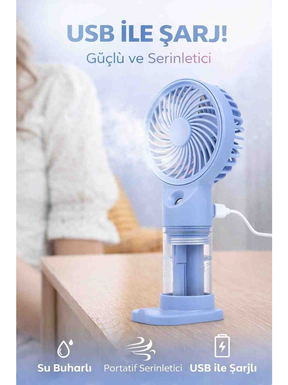 Mini Vantilatör Şarjl Edilebilir El Fanı Su Buharlı ,masaüstü ve Taşınabilir El Fanı,3 Hız Kademeli Mavi 