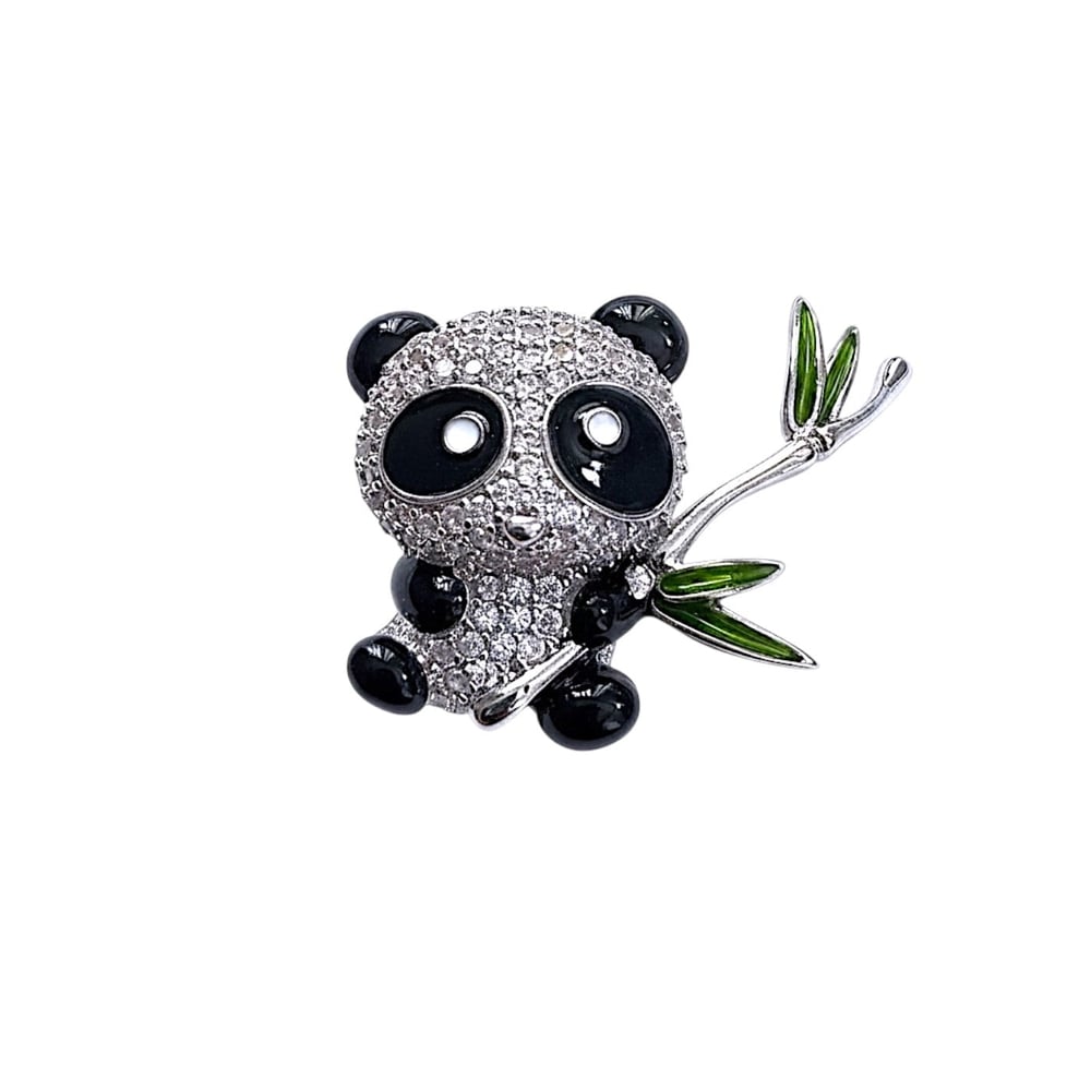 Panda Figürlü Broş Zirkon Taşlı Gümüş Renk 