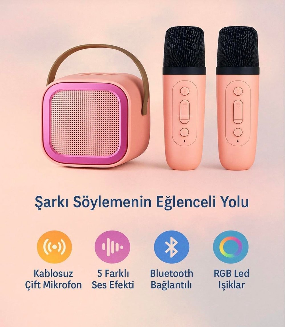 Taşınabilir Çift Karaoke Mikrofonlu Hoparlör Kablosuz Bluetooth 5 Ses Efektli Mavi Renk 