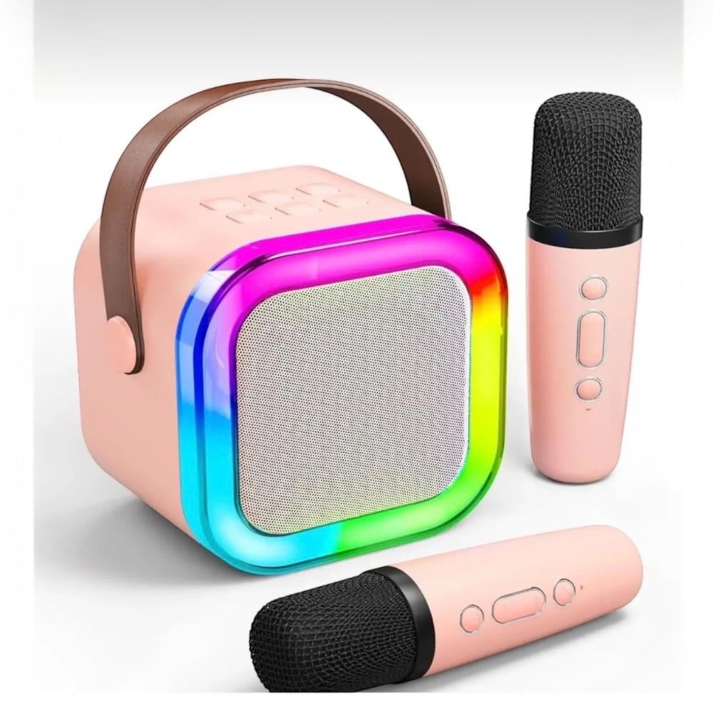 Taşınabilir Çift Karaoke Mikrofonlu Hoparlör Kablosuz Bluetooth 5 Ses Efektli Pembe Renk 