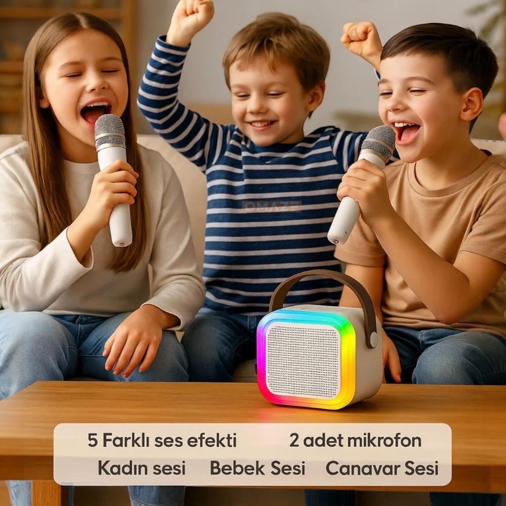 Taşınabilir Çift Karaoke Mikrofonlu Hoparlör Kablosuz Bluetooth 5 Ses Efektli Bej Rengi  