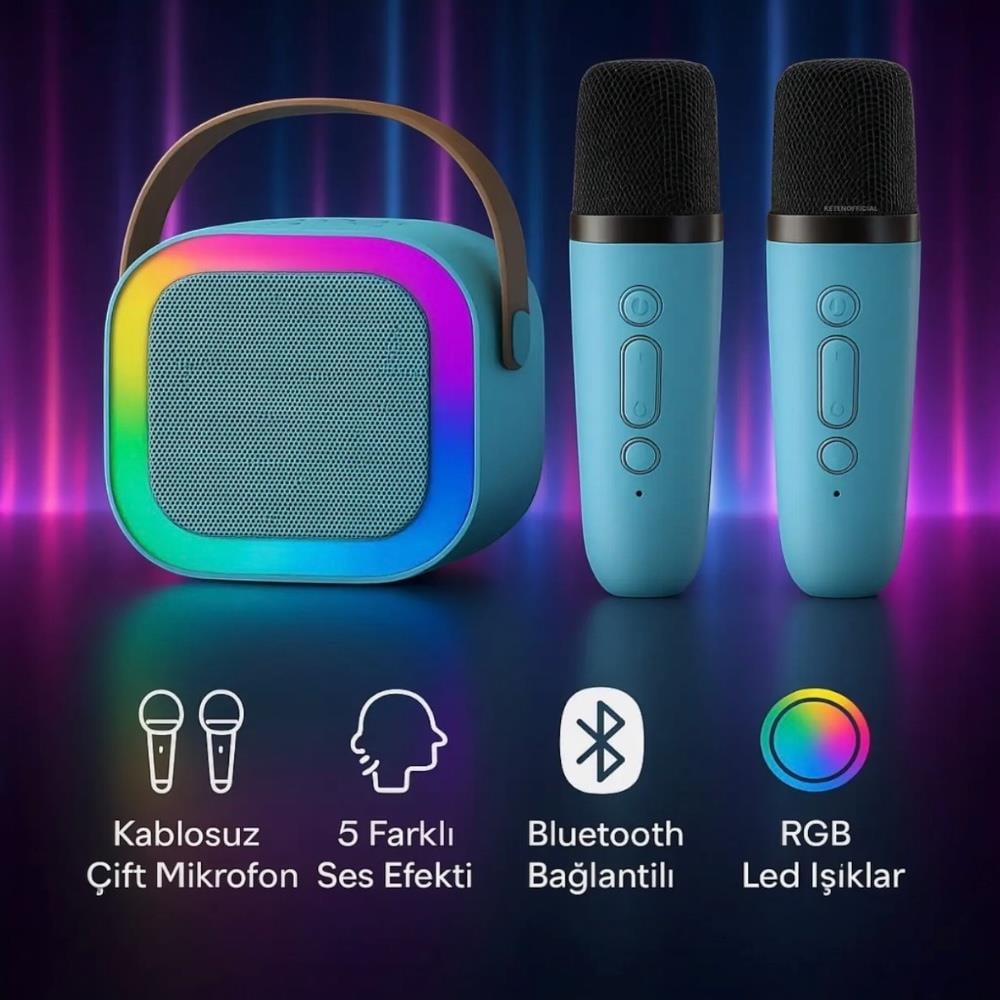 Taşınabilir Çift Karaoke Mikrofonlu Hoparlör Kablosuz Bluetooth 5 Ses Efektli Mavi Renk 