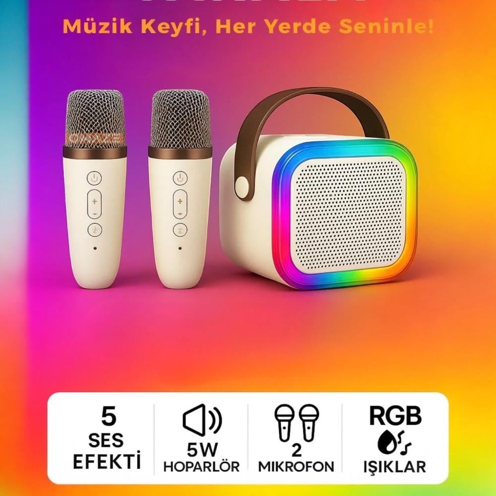 Taşınabilir Çift Karaoke Mikrofonlu Hoparlör Kablosuz Bluetooth 5 Ses Efektli Bej Rengi  