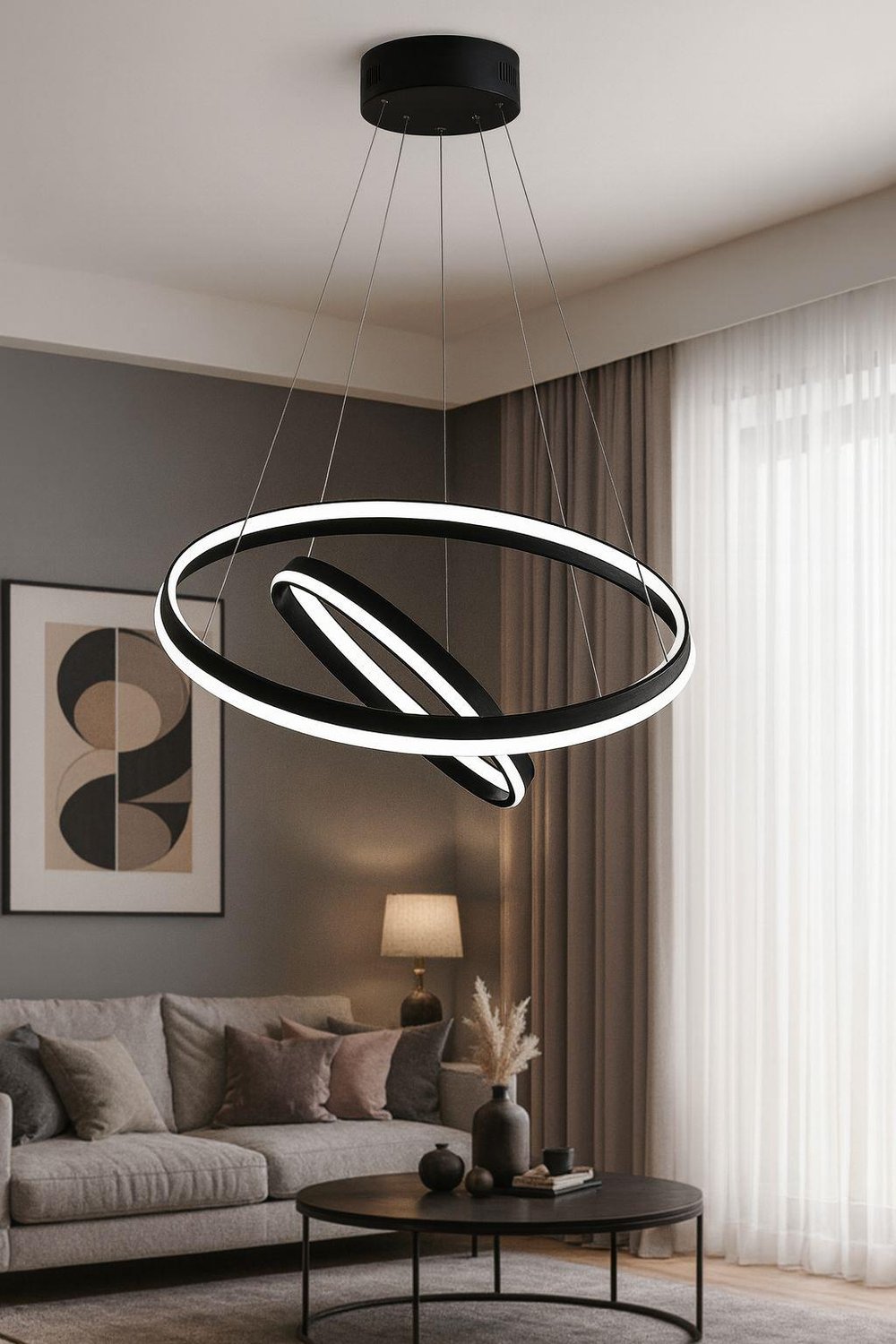 LEDLİ AVİZE HALKA 2 Lİ 3 KANAL 50+30 CM SİYAH