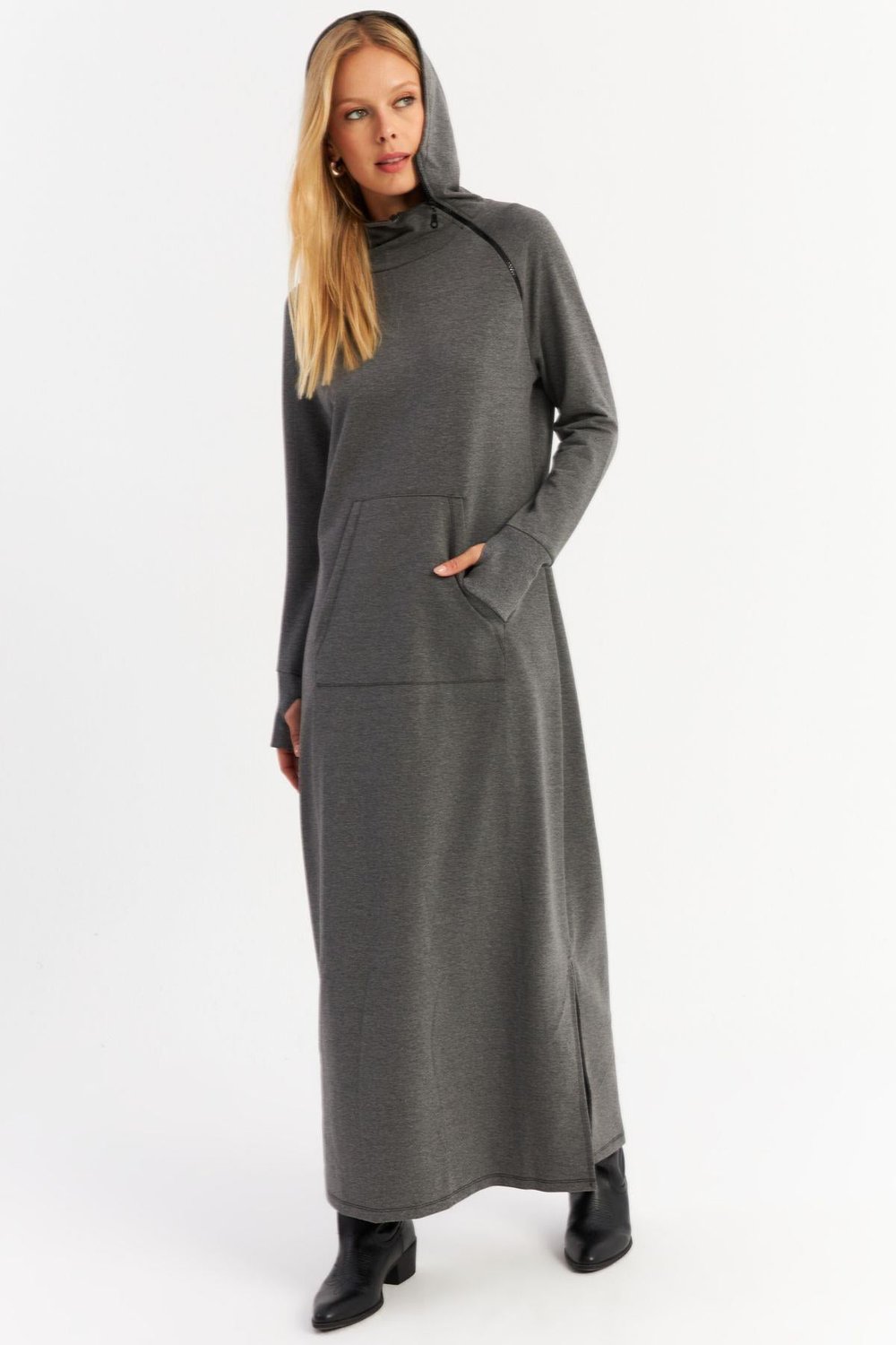 Kadın Antrasit Yakası Fermuarlı Maxi Sweat Elbise MTF12