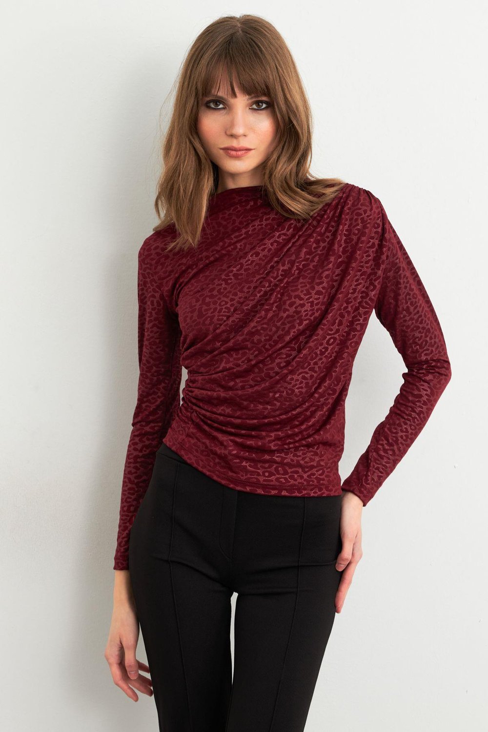 Kadın Bordo Desenli Büzgülü Bluz LPP1299
