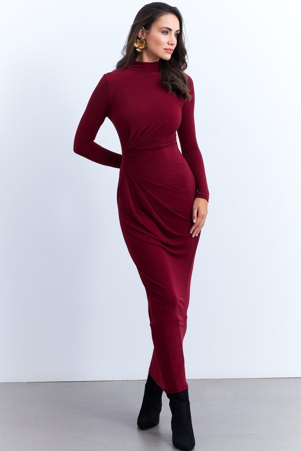 Kadın Bordo Drapeli Maxi Elbise MLİK12