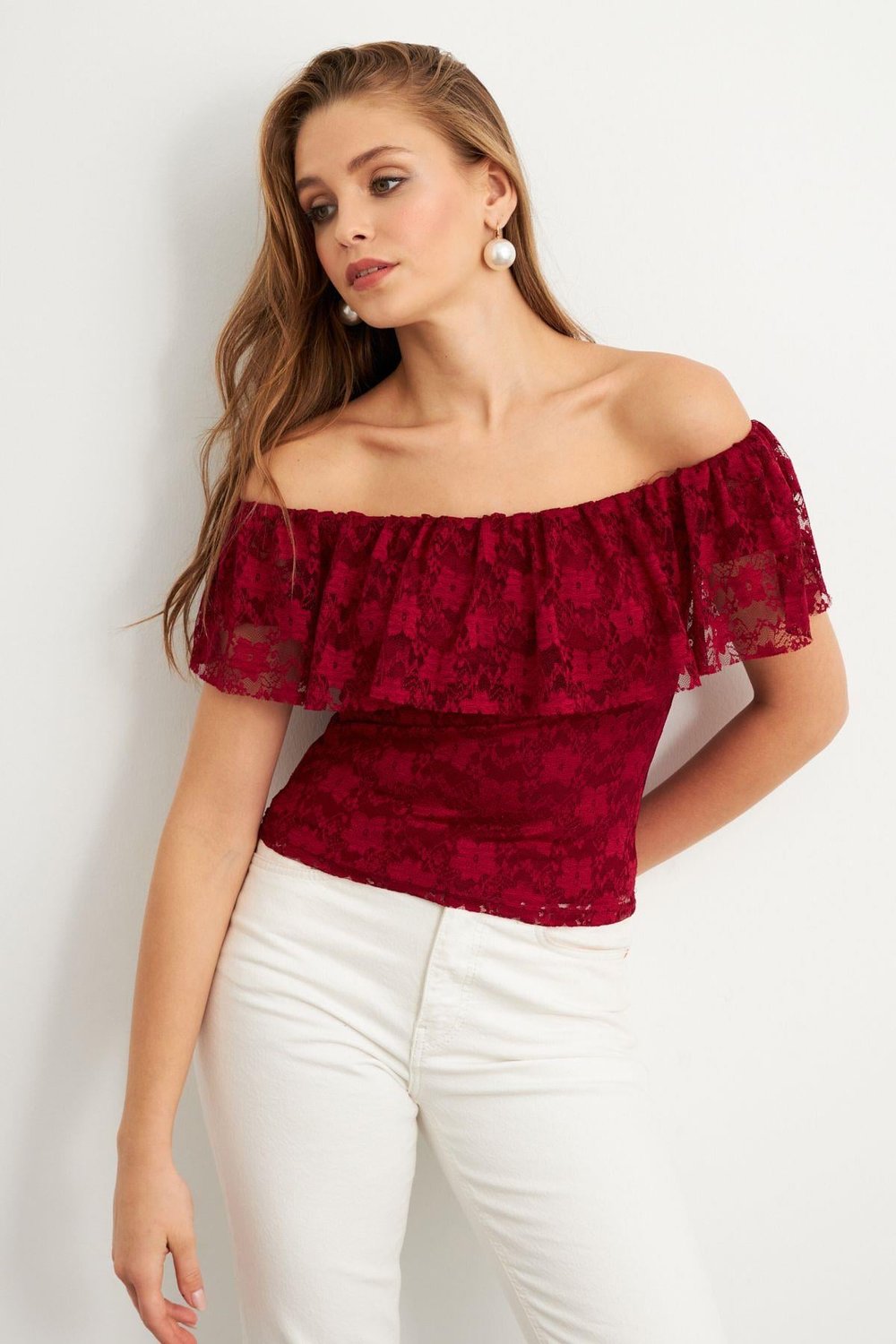 Kadın Bordo Madonna Yaka Dantel Bluz MTK13549