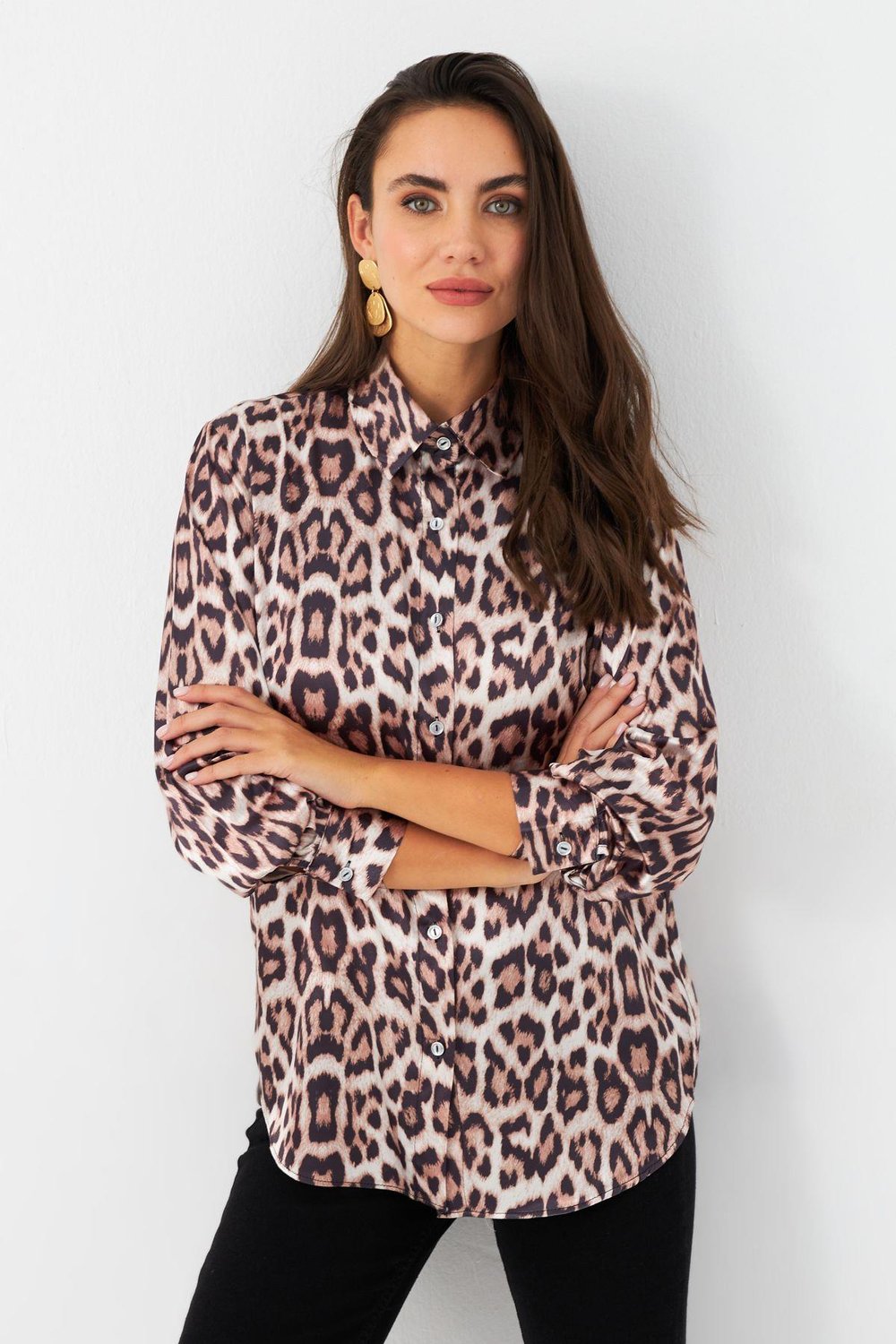 Kadın Camel-Siyah Leopar Desenli Saten Gömlek MRAD5901-1