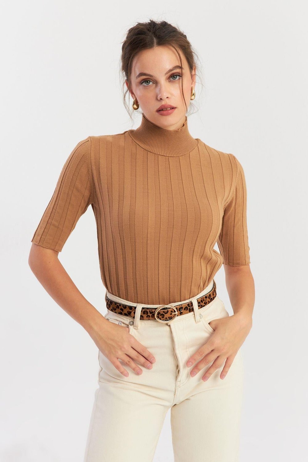 Kadın Camel Yarım Balıkçı Triko Bluz YV287