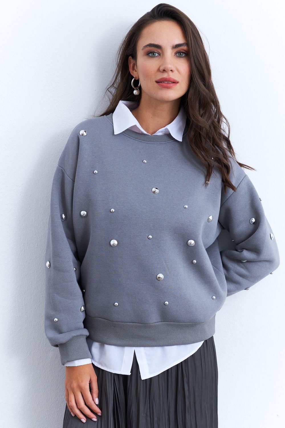 Kadın Gri Aksesuarlı Sweatshirt PP6451
