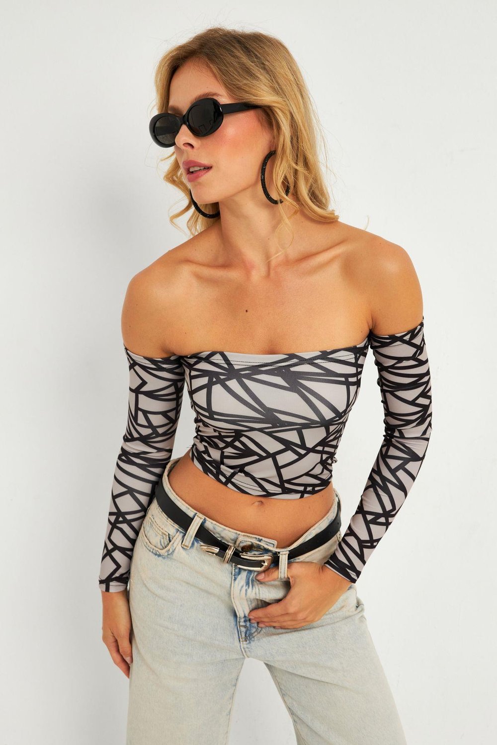 Kadın Gri Desenli Crop Bluz CG378
