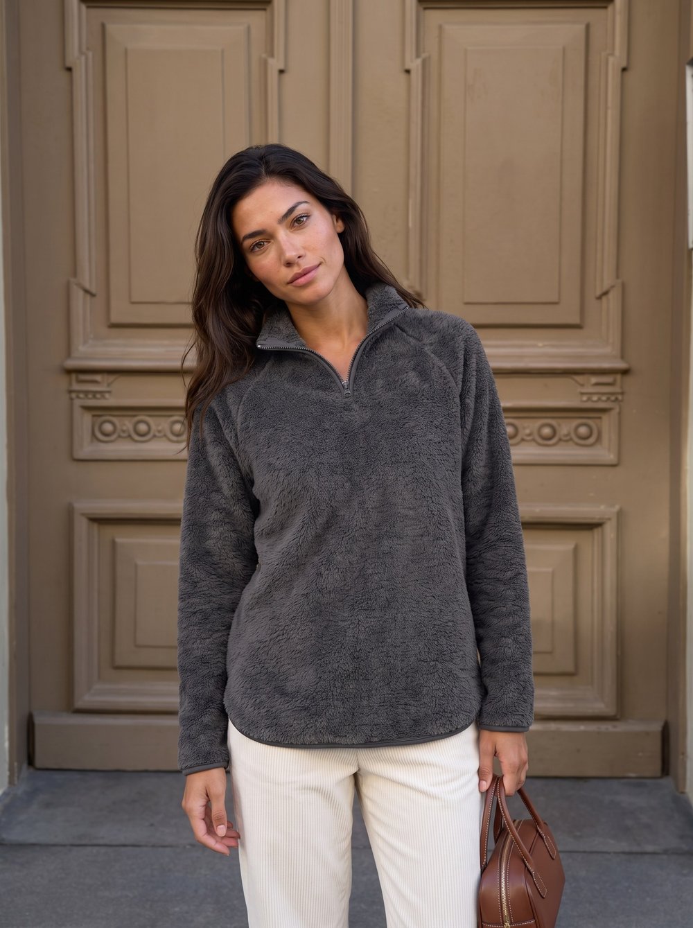 Antrasit Yarım Fermuarlı Peluş Sweatshirt
