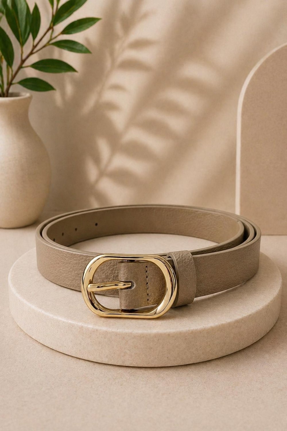 Bej Oval Metal Tokalı Kemer