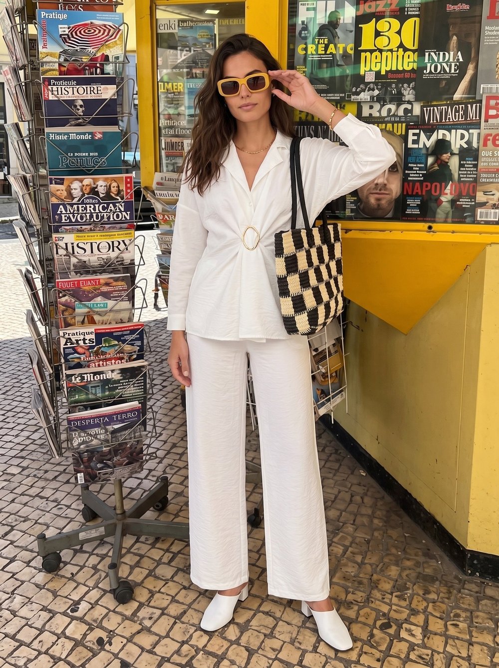 Beyaz Aksesuarlı Oversize Pantolonlu Takım