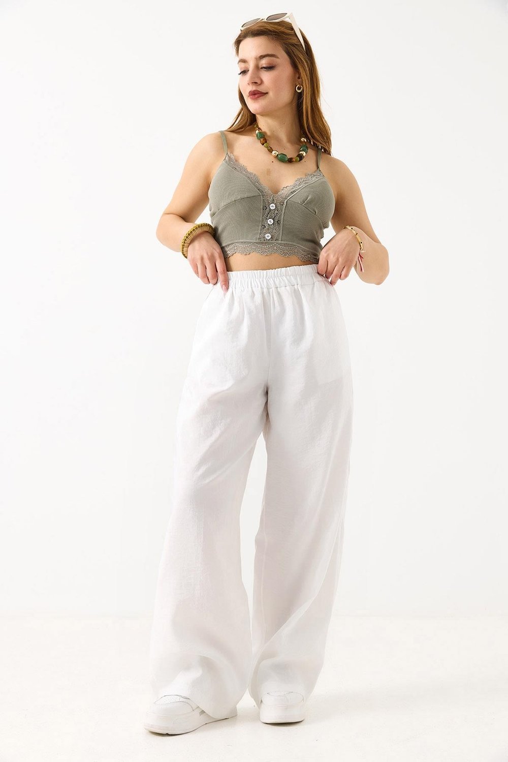 Beyaz Beli Lastikli Tensel Pantolon