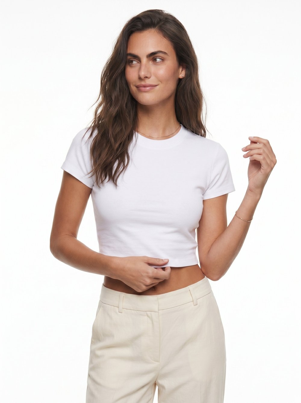Beyaz Bisiklet Yaka Crop Tişört