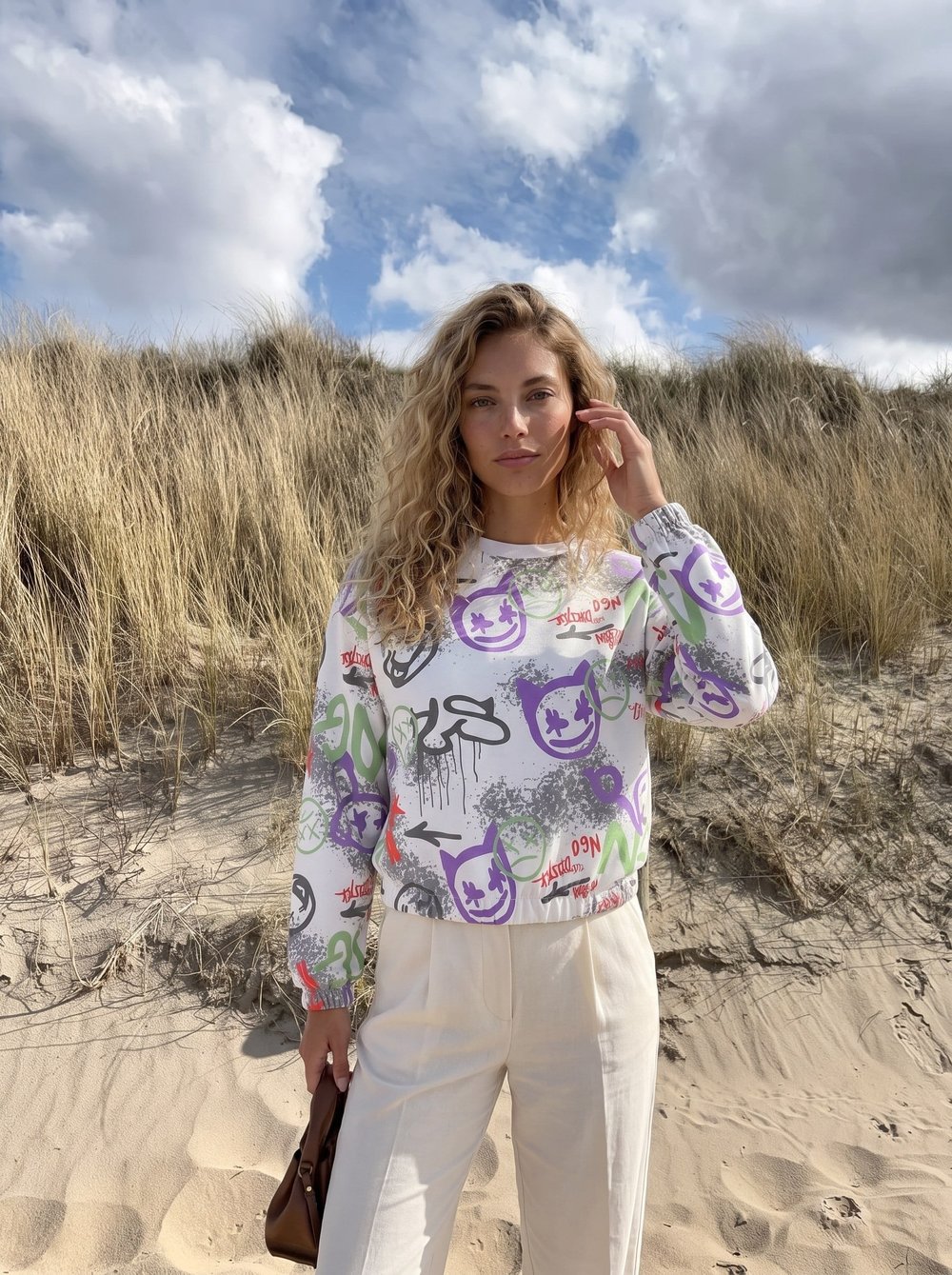Beyaz Bisiklet Yaka Desenli Sweatshirt