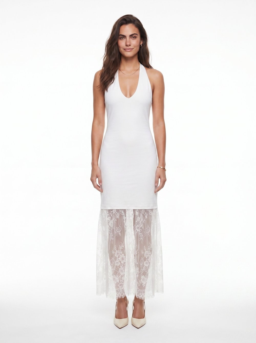 Beyaz Halter Yaka Dantelli Elbise