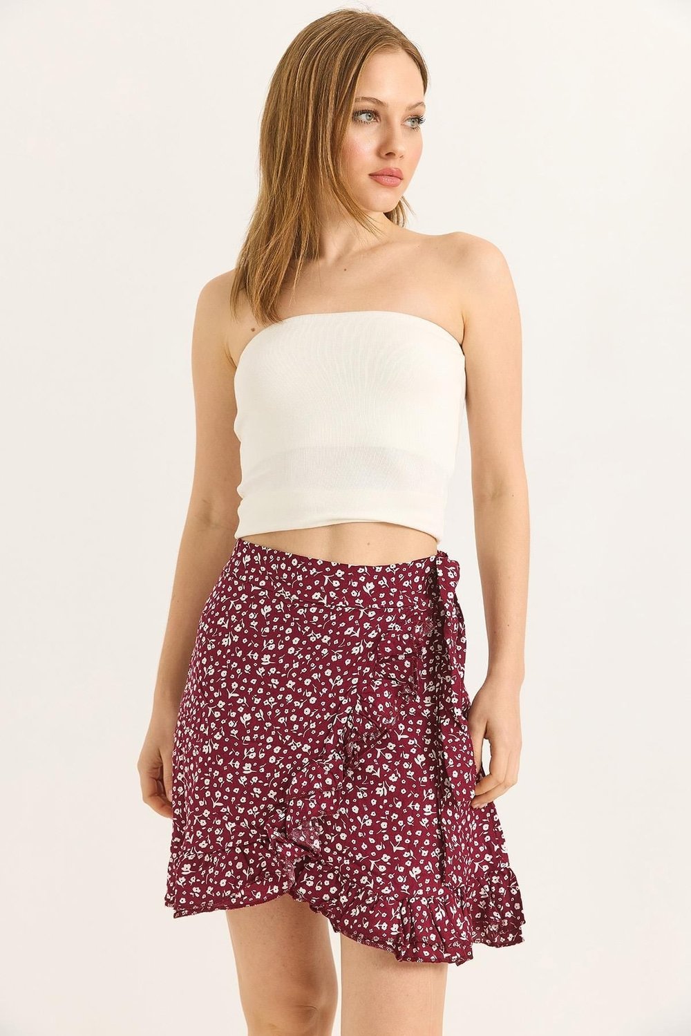 Bordo Çiçekli Kruvaze Mini Etek