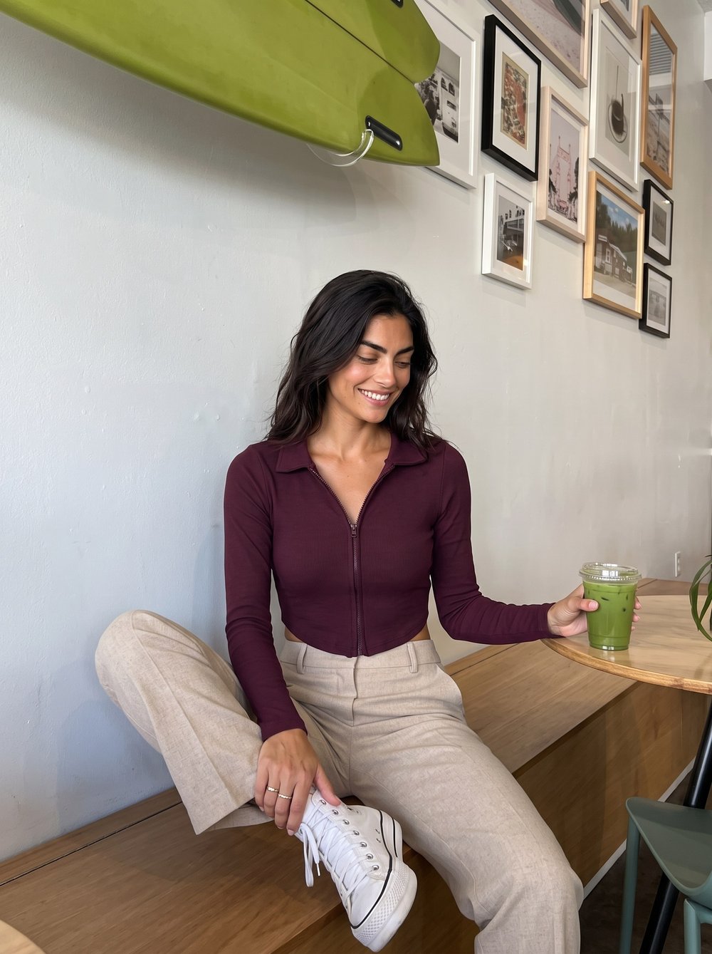 Bordo Fermuarlı Fitilli Crop Bluz