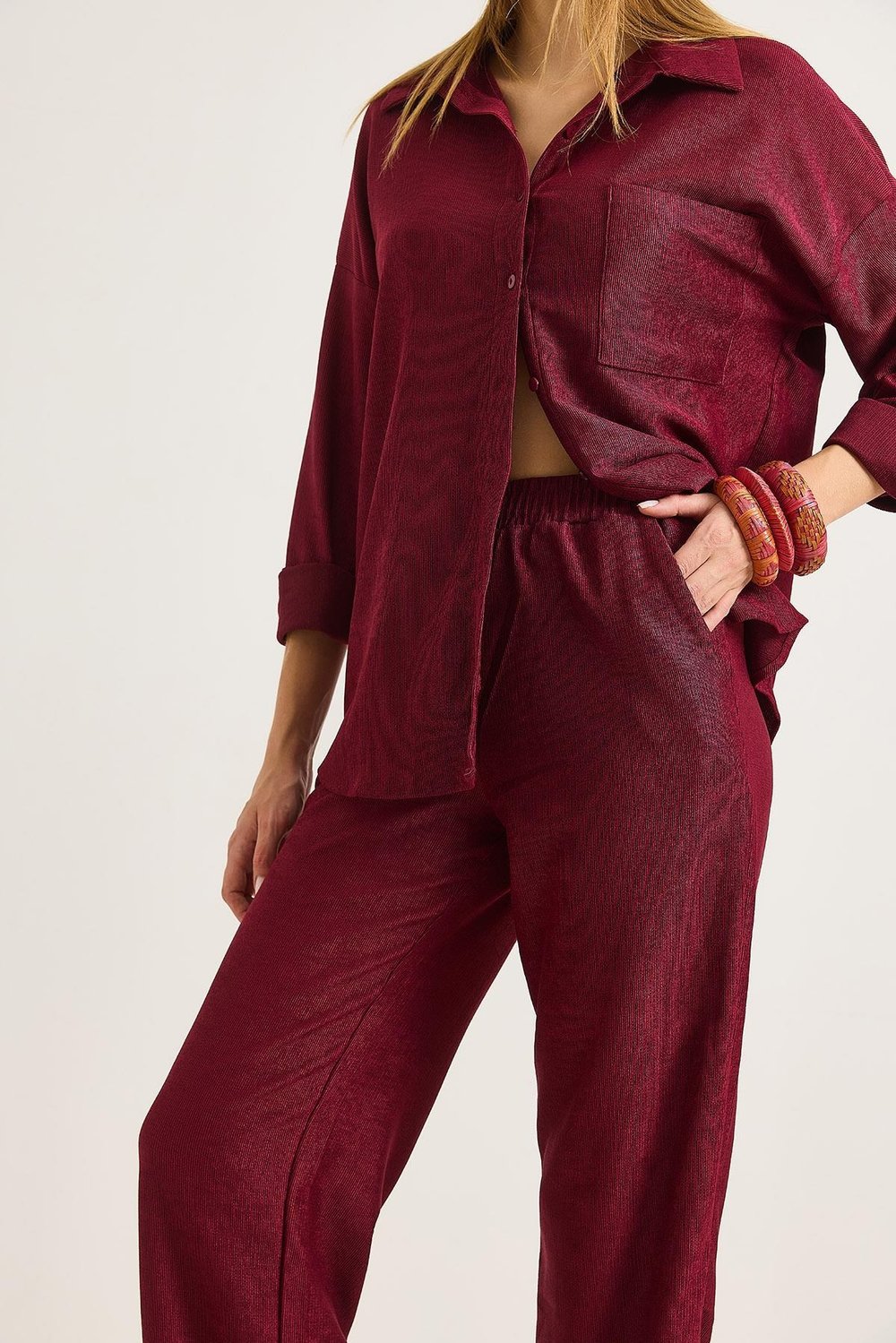 Bordo Fitilli Örme Takım