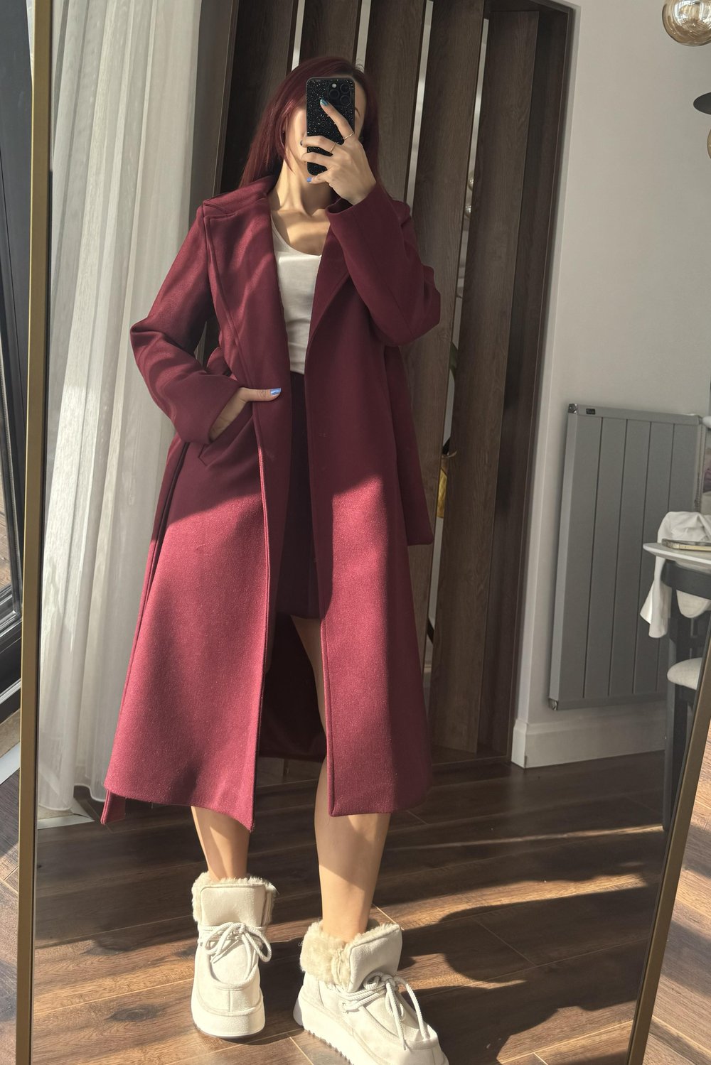 Bordo Kuşaklı Kaşe Mont