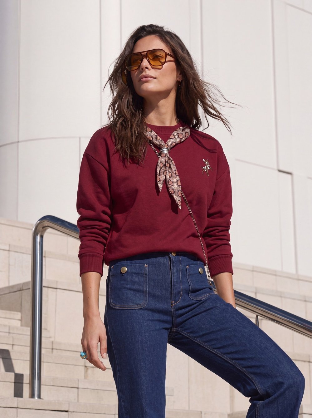 Bordo Nakışlı Oversize Sweatshirt