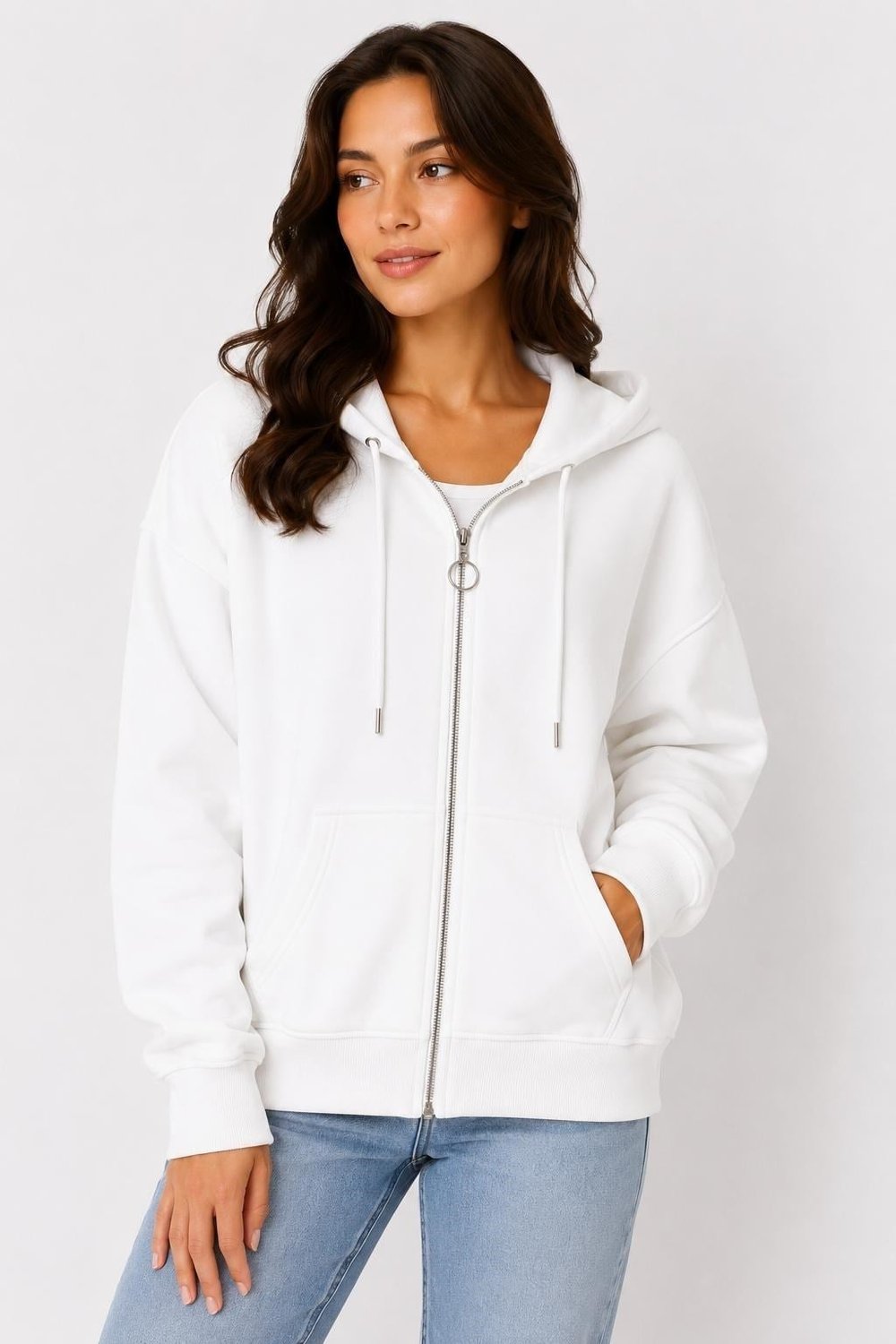 Ekru Fermuarlı Kapüşonlu Sweatshirt