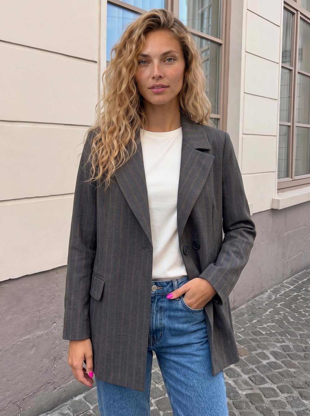 Füme Çizgili Oversize Blazer Ceket