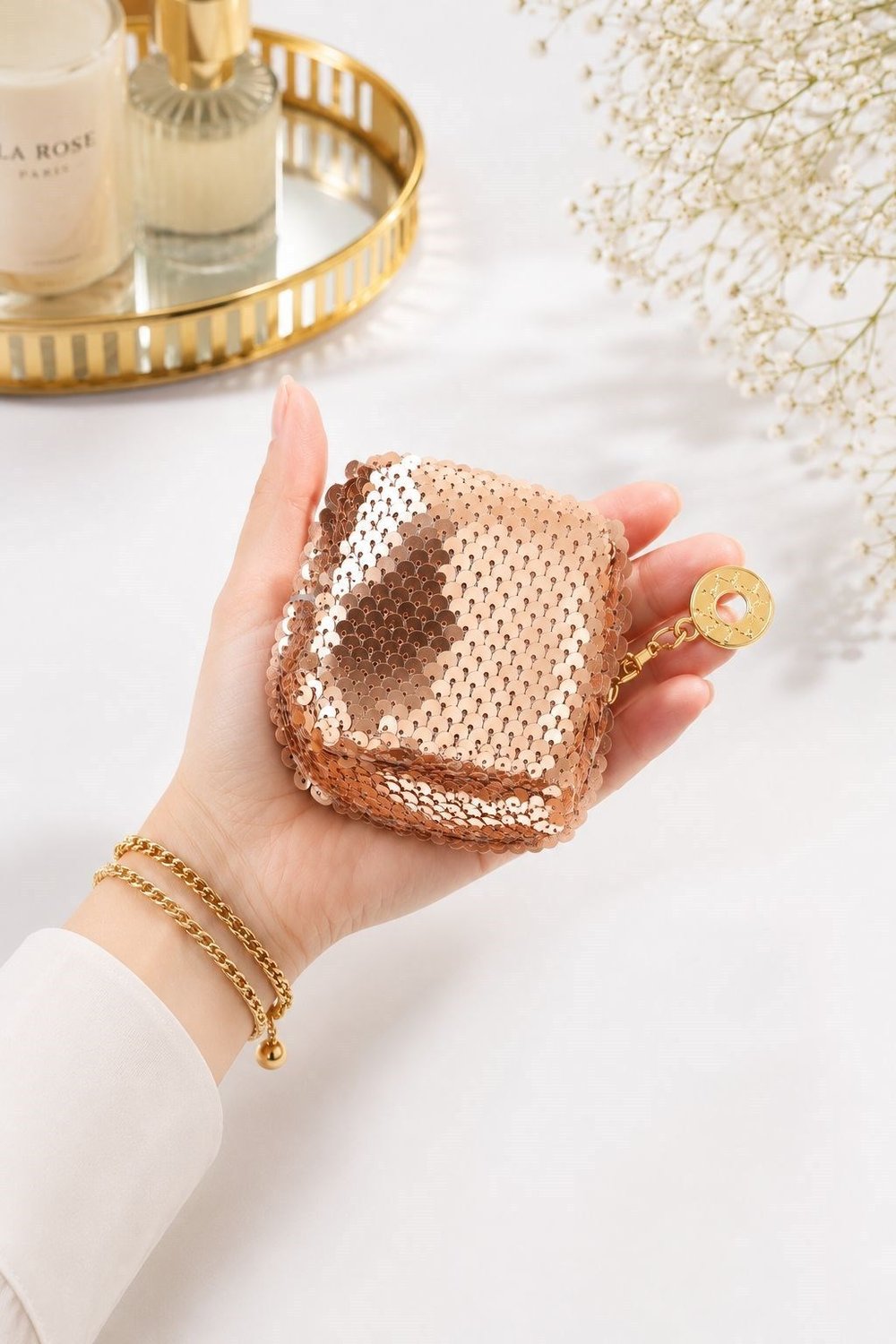 Gold Pullu Mini Makyaj Çantası