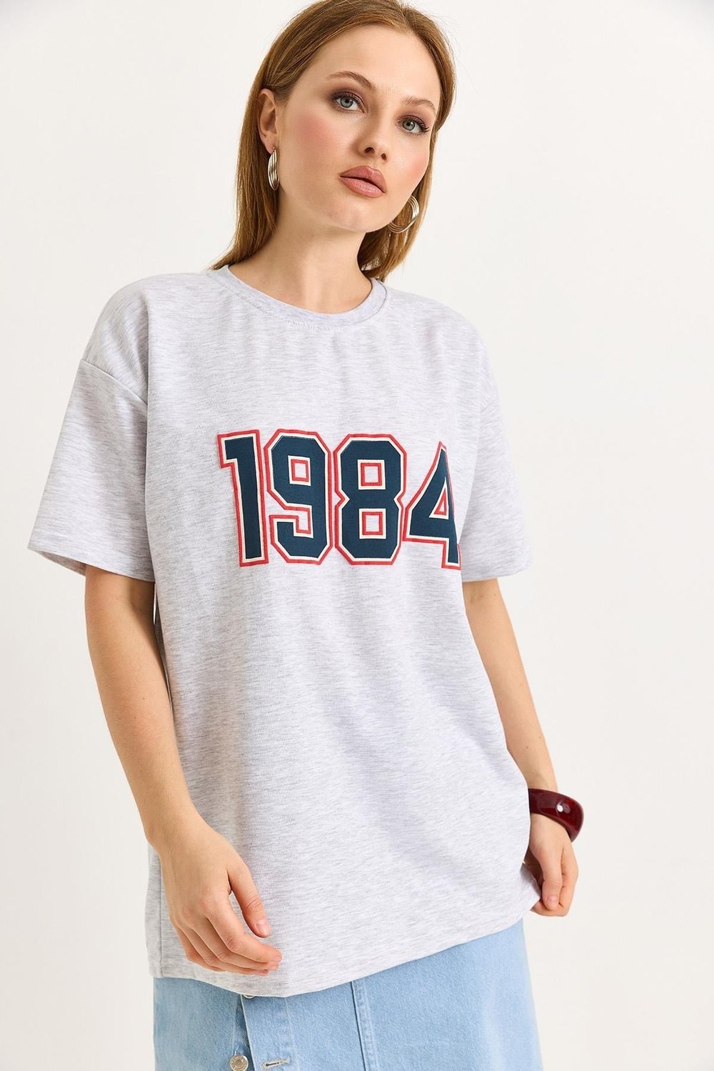 Gri Baskılı Oversize Tişört