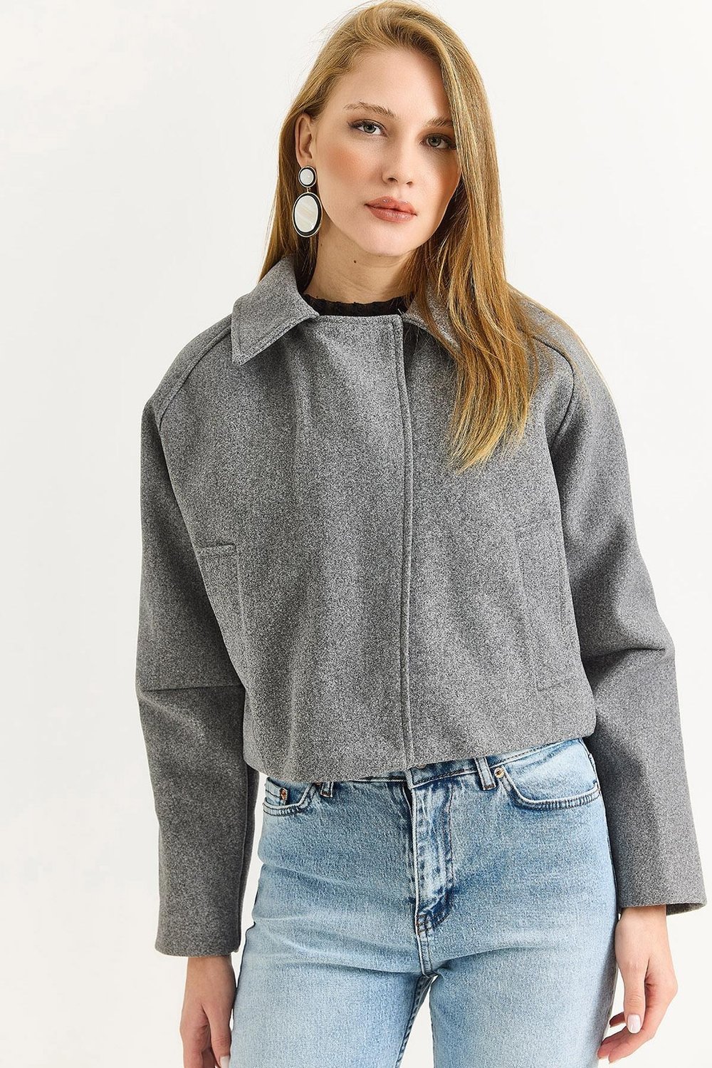 Gri Crop Kaşe Ceket