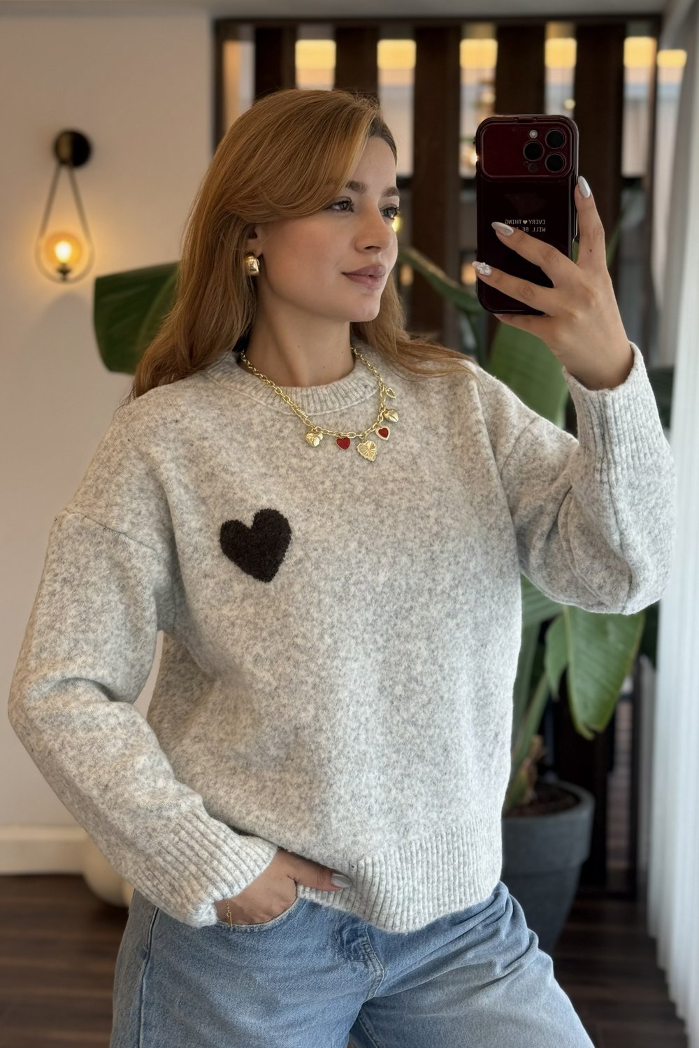 Gri Kalp Motifli Yünlü Kazak