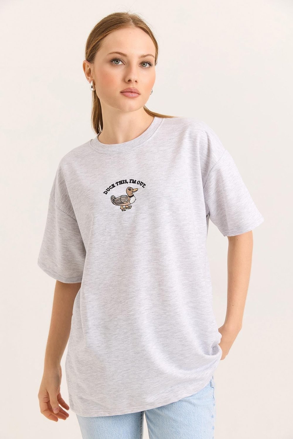 Gri Ördek Nakışlı Oversize Tişört