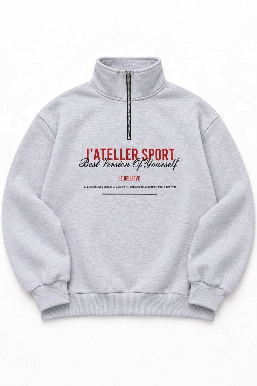Gri Yarım Fermuarlı Baskılı Sweatshirt