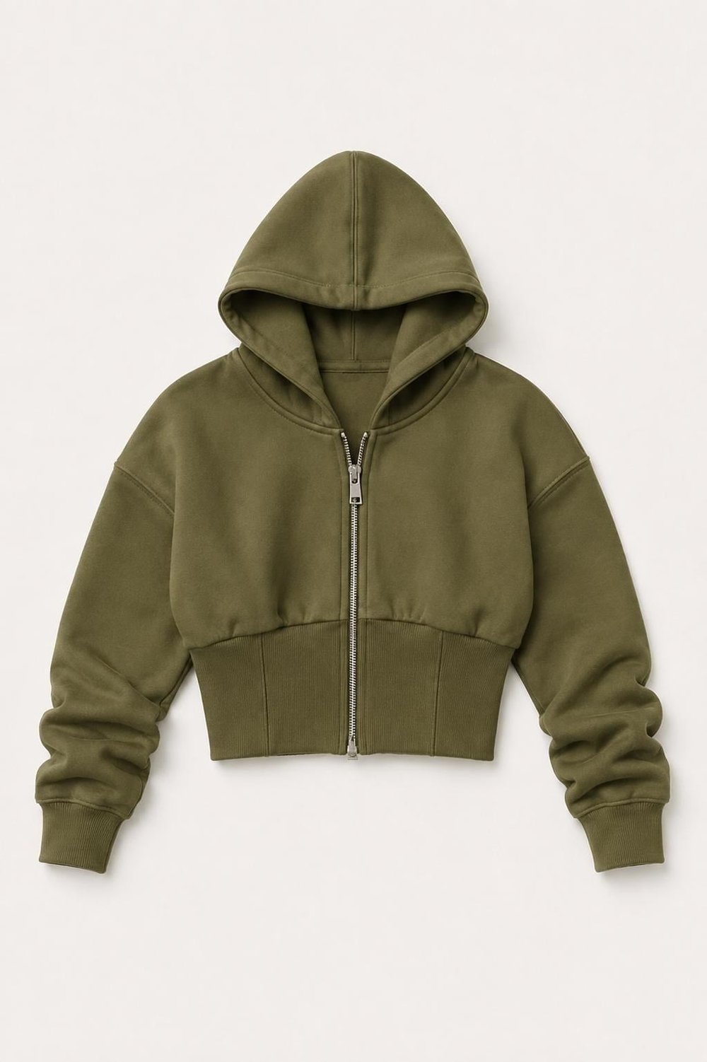 Haki Fermuarlı Crop Sweatshirt