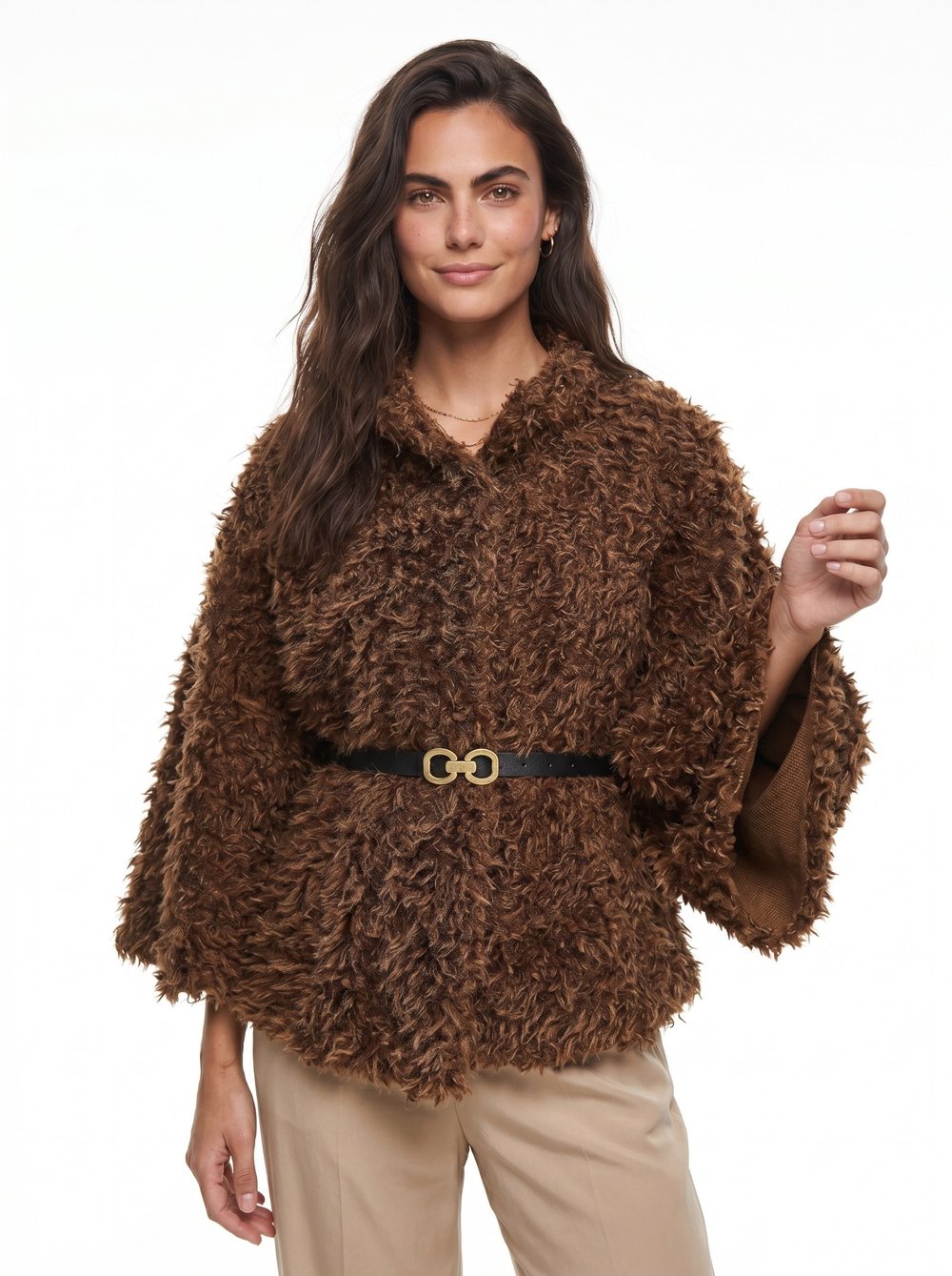 Kahverengi Peluş Kemerli Panço