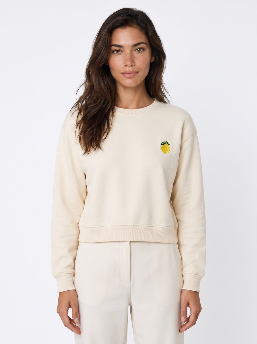 Krem Bisiklet Yaka Sweatshirt