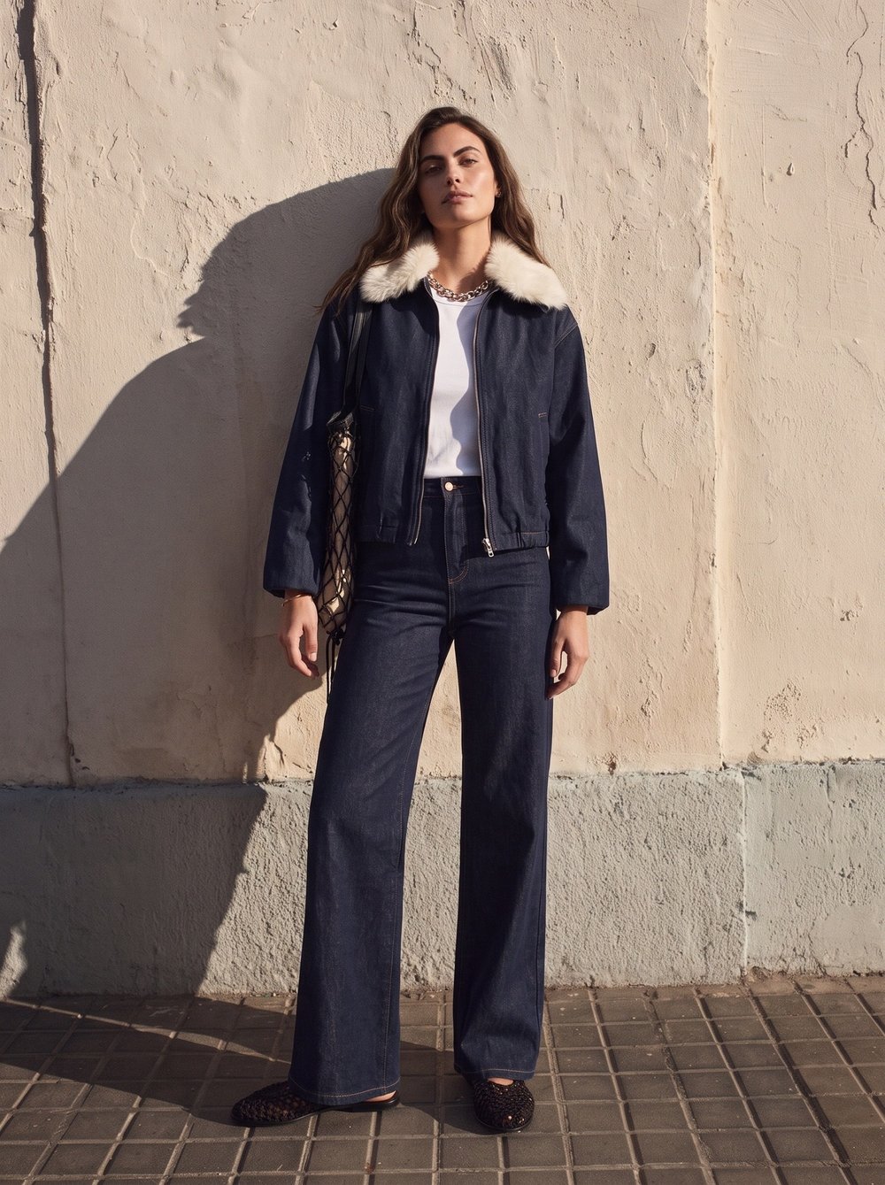 Lacivert Kürk Yakalı Denim Takım