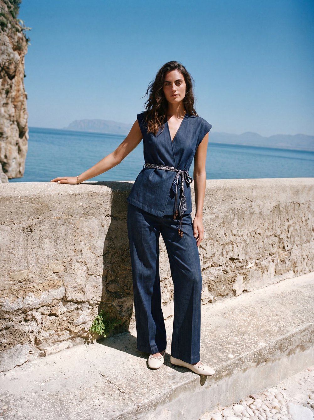 Lacivert Kuşaklı Denim Takım