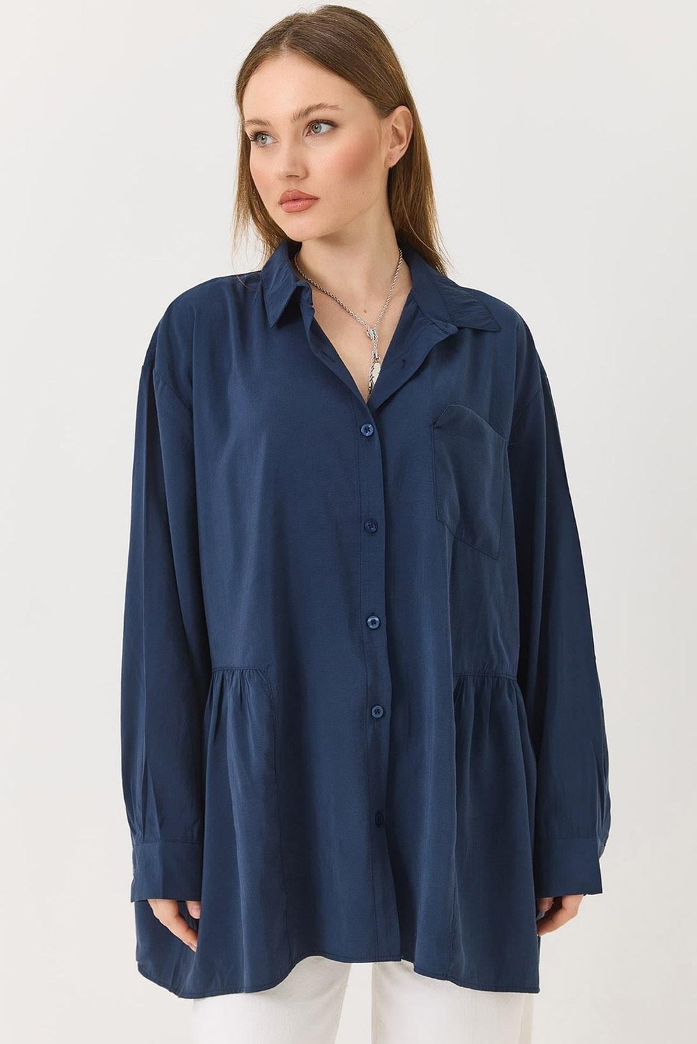 Lacivert Oversize Fırfırlı Tunik Gömlek