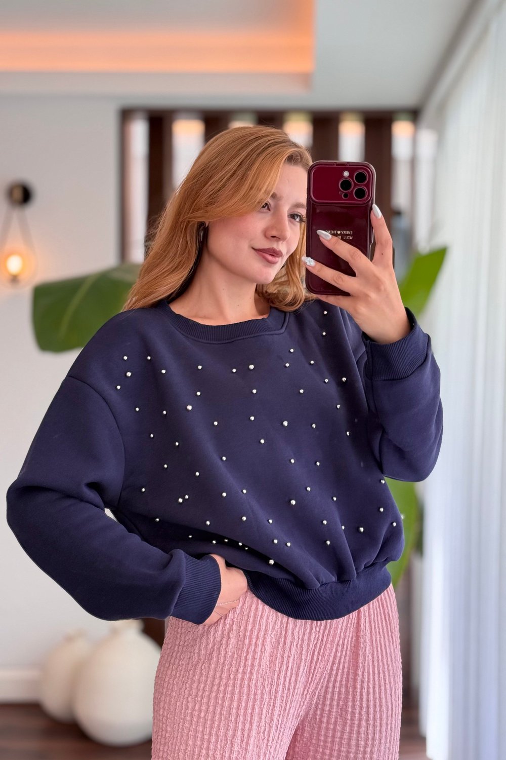 Lacivert Taş Detaylı Sweatshirt