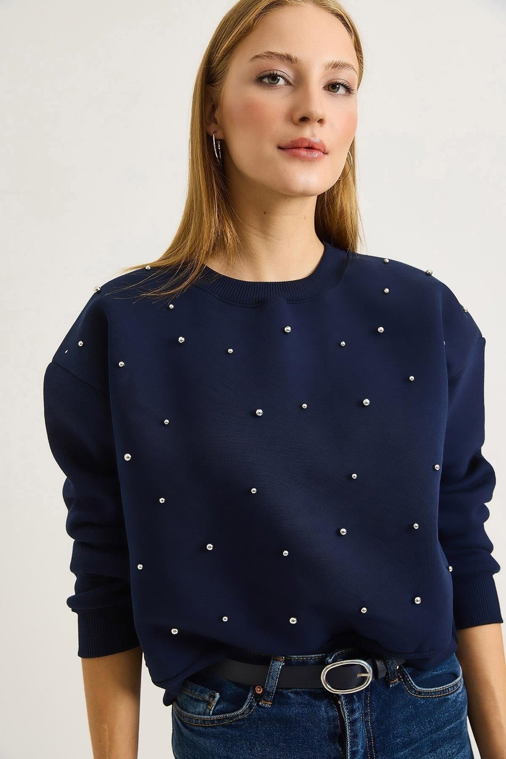 Lacivert Taşlı Bisiklet Yaka Sweatshirt
