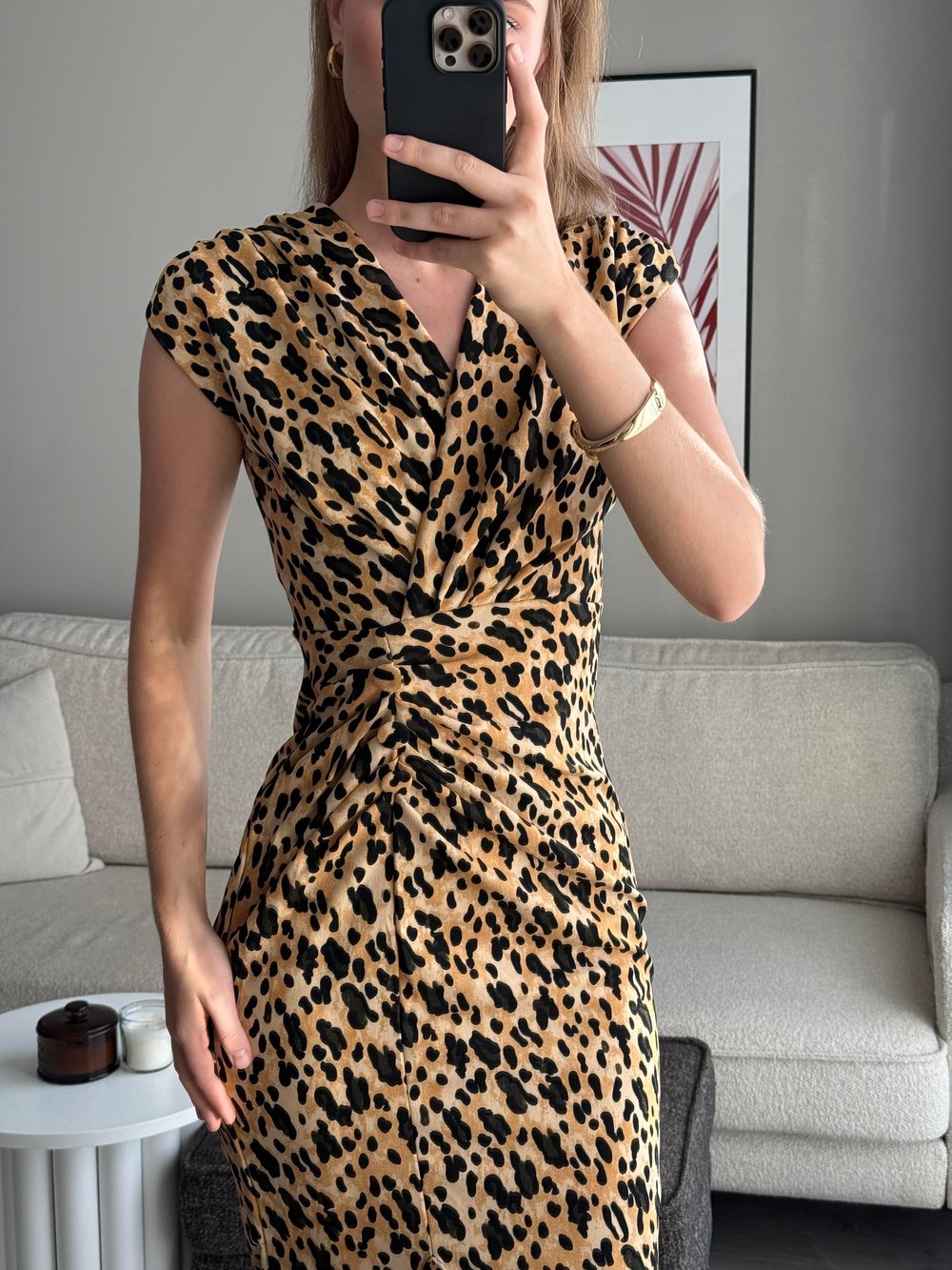 Leopar Desenli Degaje Yaka Elbise