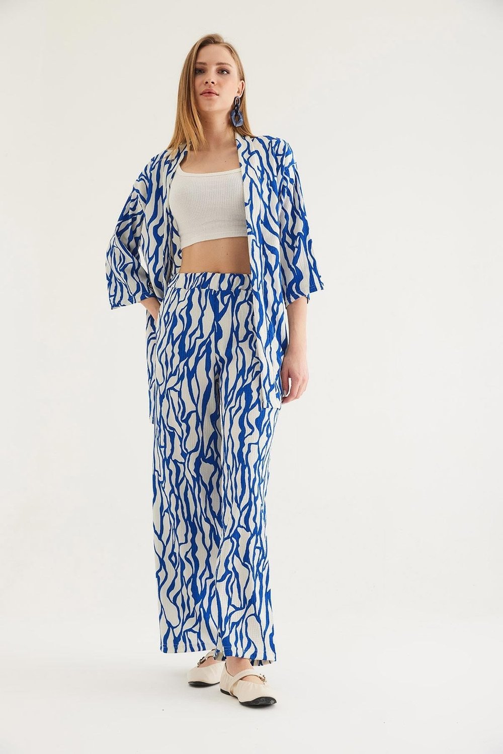 Mavi Krinkıl Kimono Pantolon Takım