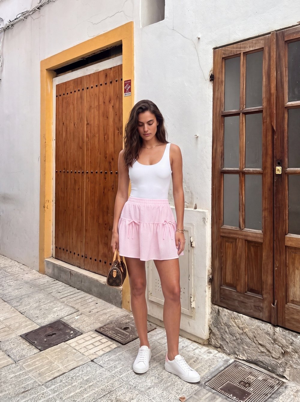 Pembe Çizgili Fiyonklu Mini Etek