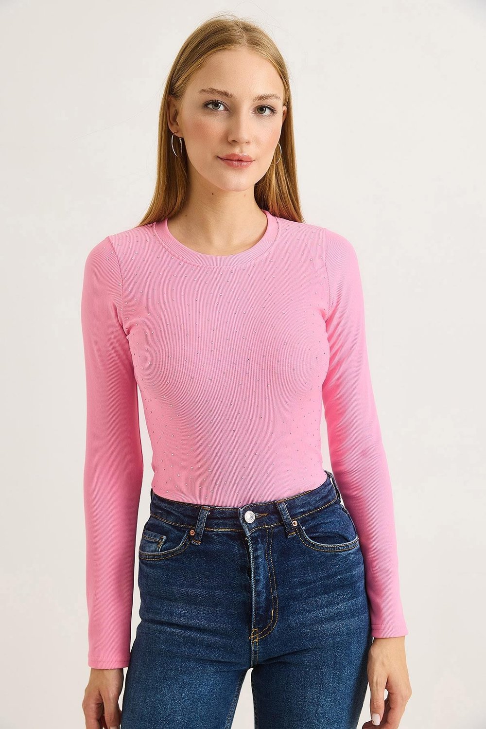 Pembe Taşlı Ottoman Bisiklet Bluz
