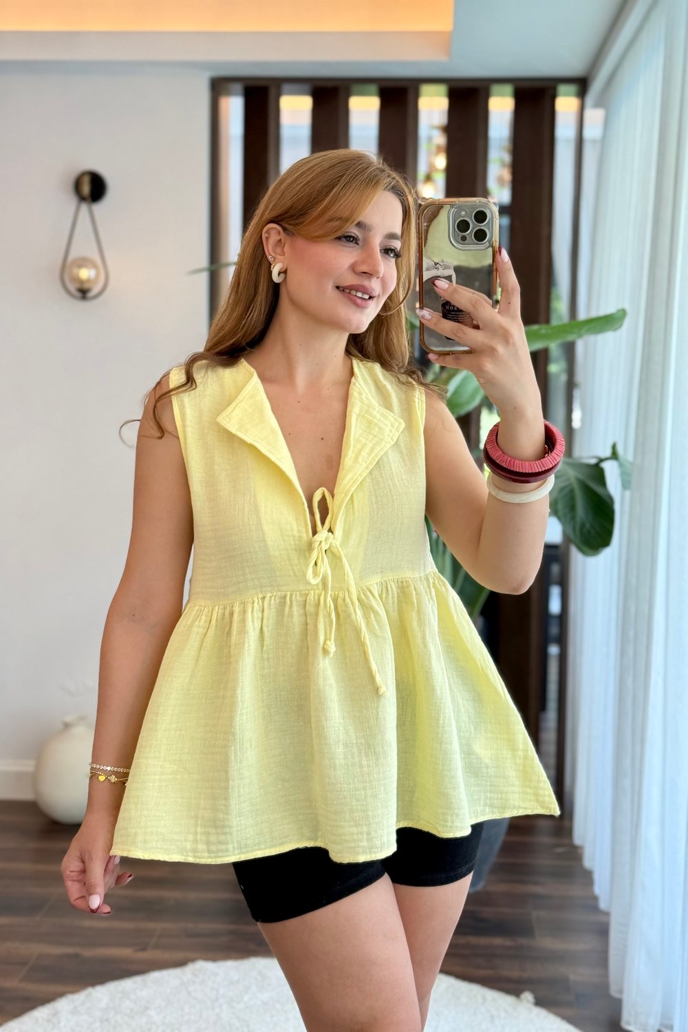Sarı Bağcıklı Müslin Bluz